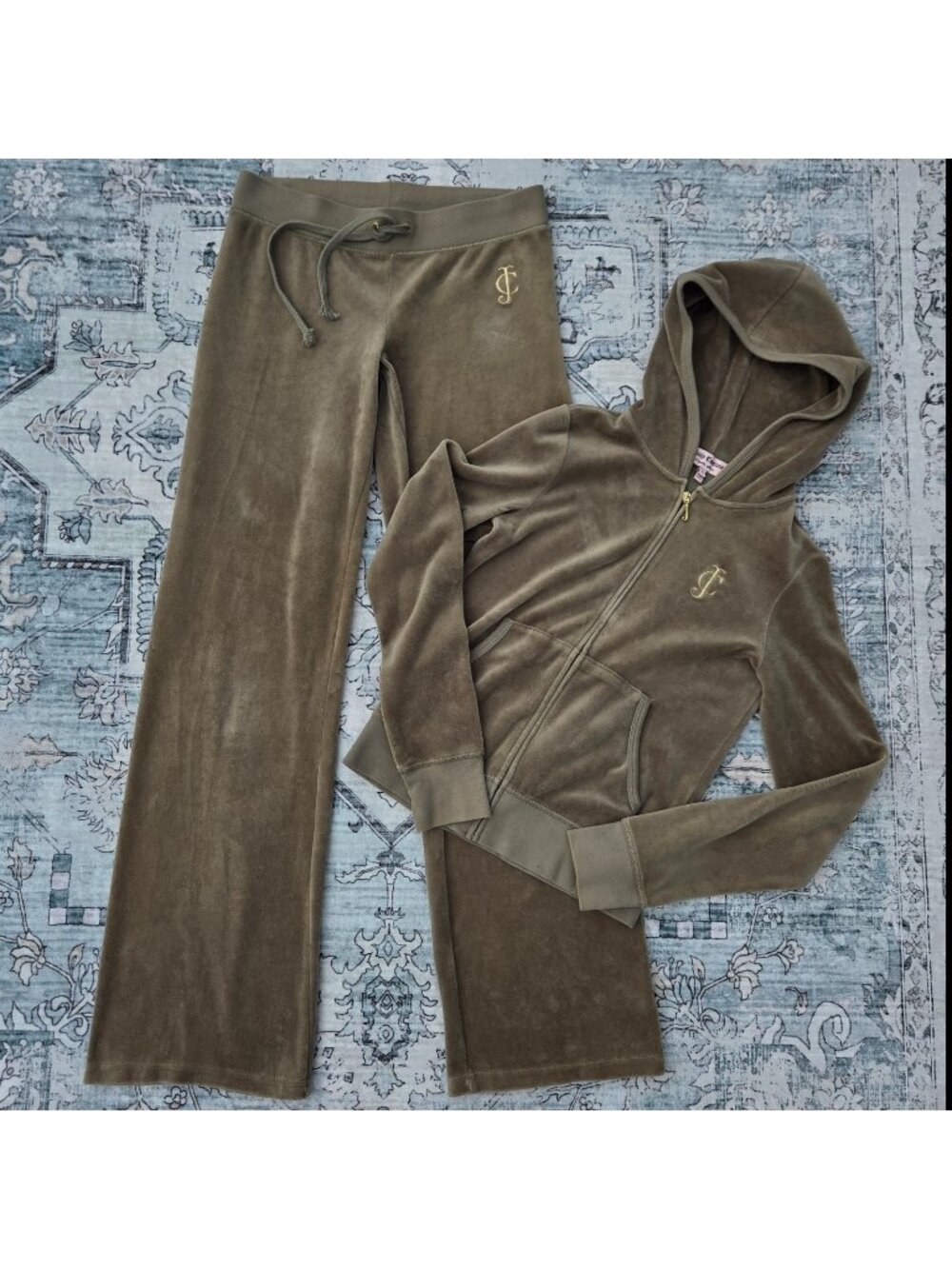 Y2K Juicy Couture Velour Tracksuit Set Olive Green Size S Zip Up Jacket Pants